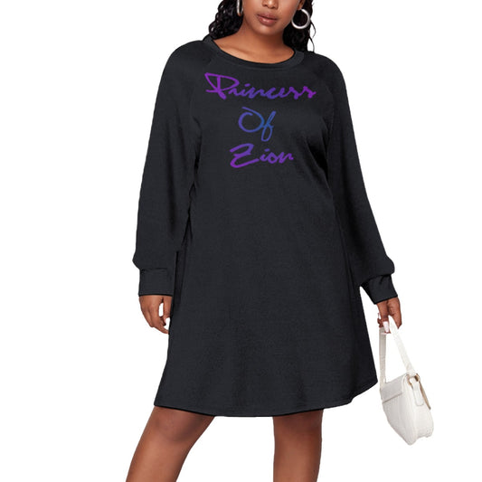 Black All-Over Print Women's Dress With Raglan Sleeve(Plus Size)