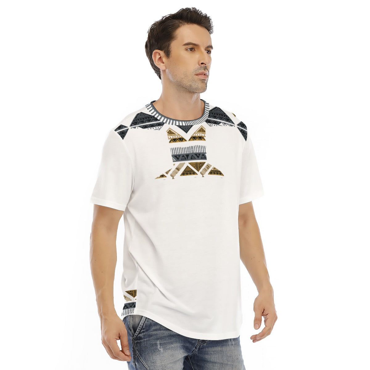 Black Gold White Tribal All-Over Print Men's Short Sleeve Rounded Hem T-shirt