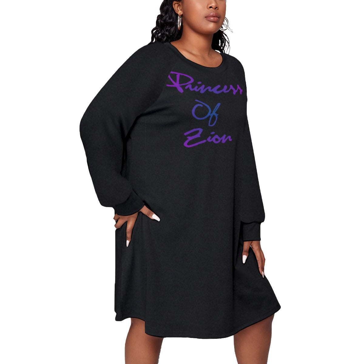 Black All-Over Print Women's Dress With Raglan Sleeve(Plus Size)