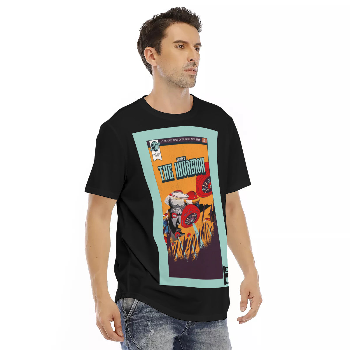 The Invasion Comic Book Black All-Over Print Men's Short Sleeve Rounded Hem T-shirt