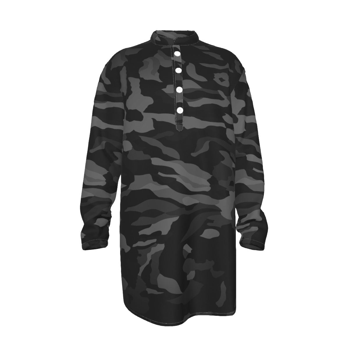 Black Camo All-Over Print Men's Stand-up Collar Long Shirt