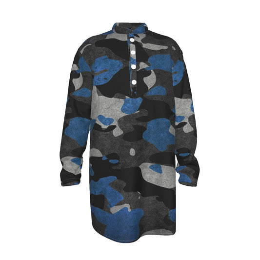 Blue Camo All-Over Print Men's Stand-up Collar Long Shirt