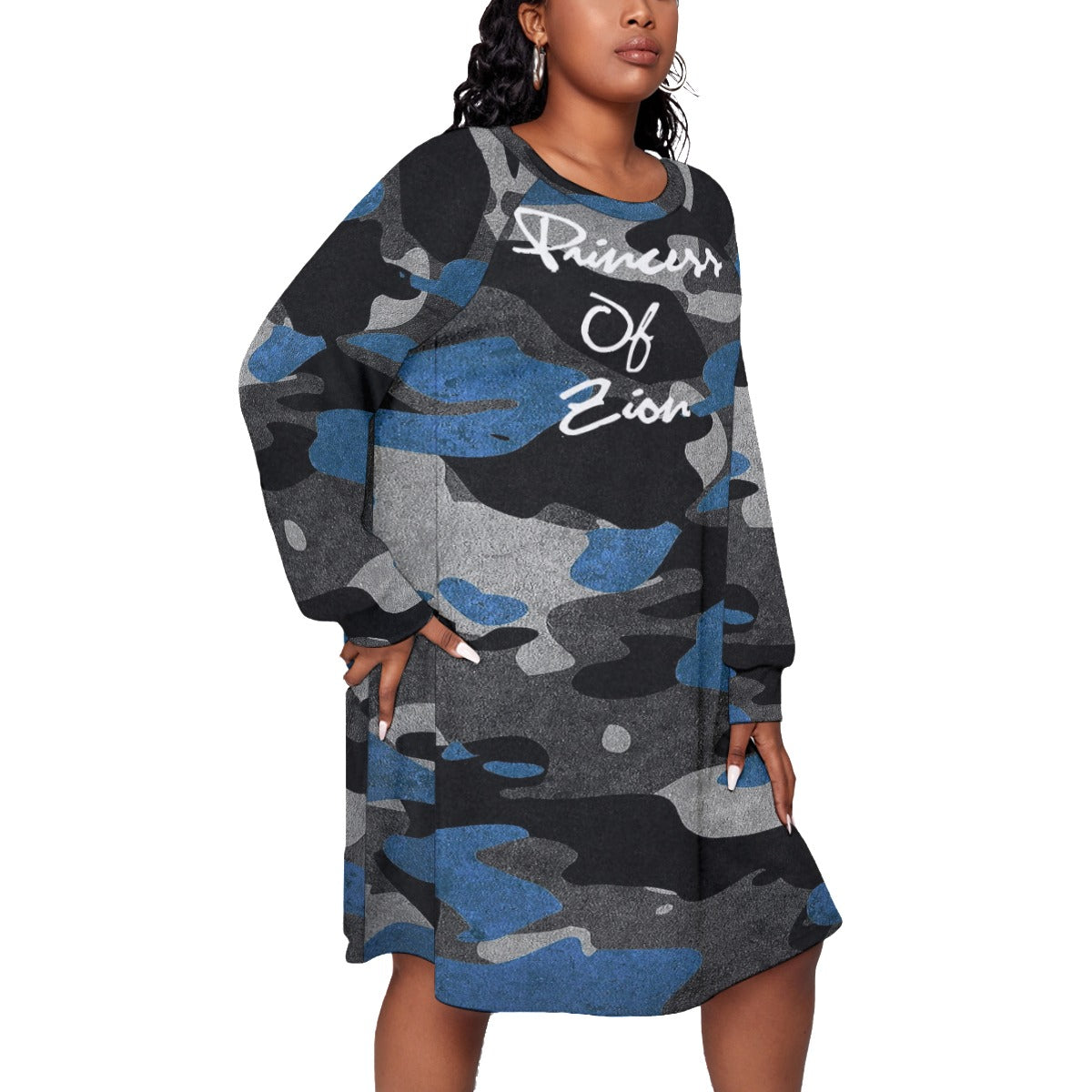 Blue Camo All-Over Print Women's Dress With Raglan Sleeve(Plus Size)