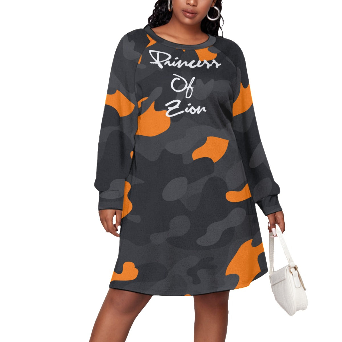 Orange Camo All-Over Print Women's Dress With Raglan Sleeve(Plus Size)