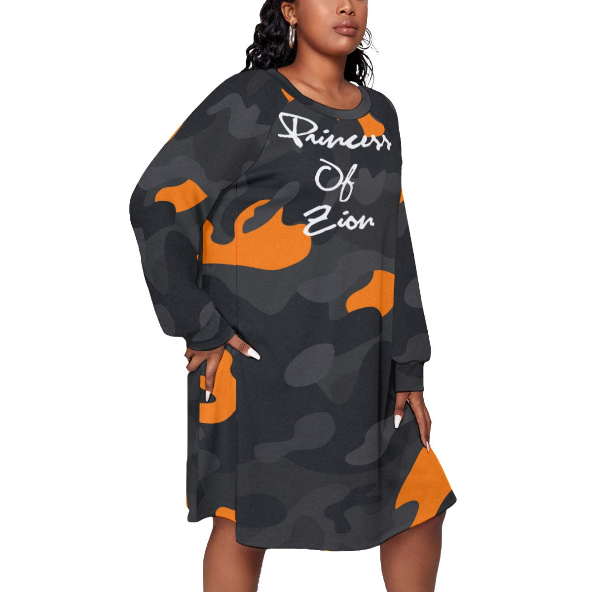 Orange Camo All-Over Print Women's Dress With Raglan Sleeve(Plus Size)