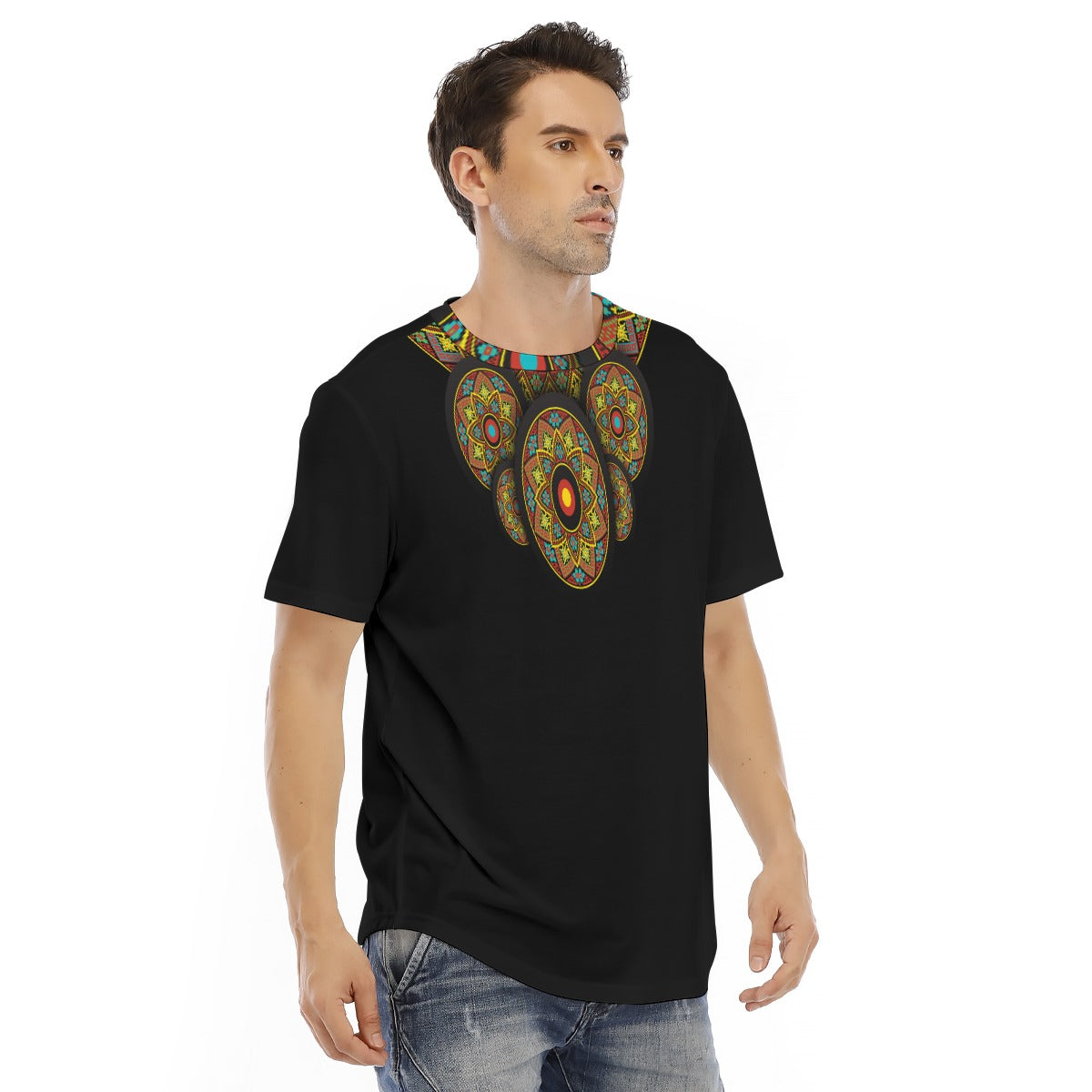 Ethnic Necked All-Over Print Men's Short Sleeve Rounded Hem T-shirt