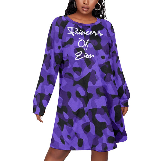 acamo purple All-Over Print Women's Dress With Raglan Sleeve(Plus Size)