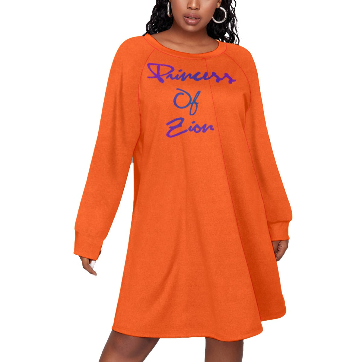 Orange All-Over Print Women's Dress With Raglan Sleeve(Plus Size)