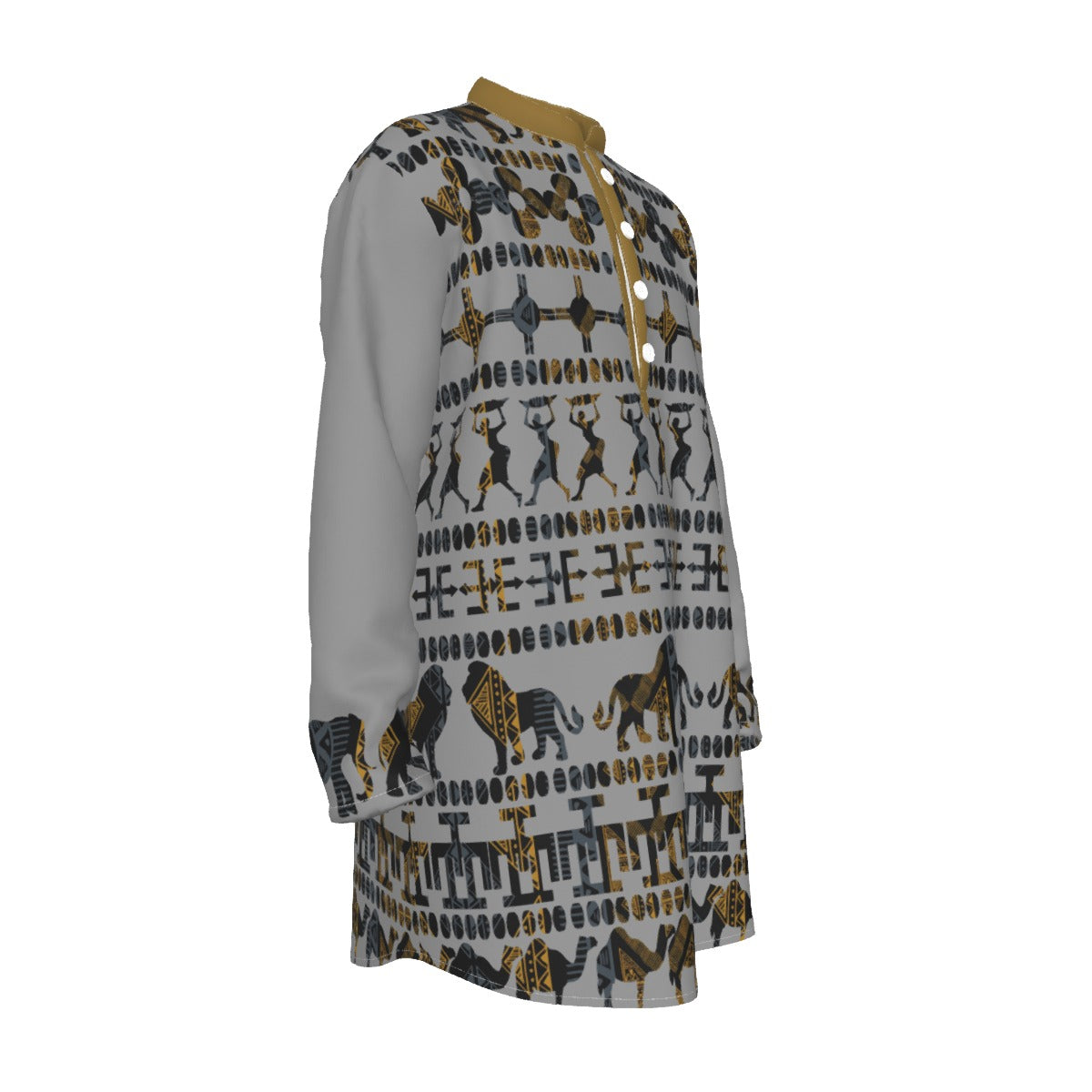 Hebrew Israelite Men's Tribal Animal Black Gold All-Over Print Men's Stand-up Collar Long Shirt