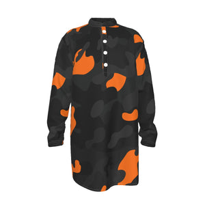 Orange Camo All-Over Print Men's Stand-up Collar Long Shirt