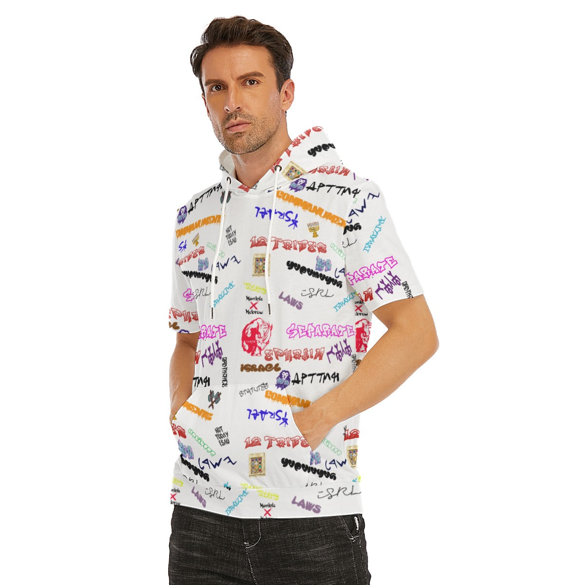 Hebrew Scribbles White All-Over Print Men's T-Shirt With Hood | 190GSM Cotton