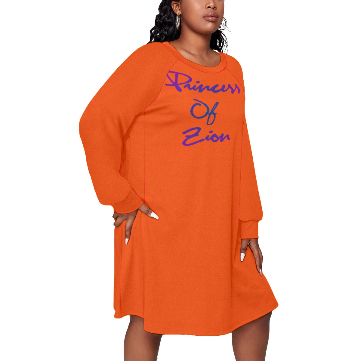 Orange All-Over Print Women's Dress With Raglan Sleeve(Plus Size)