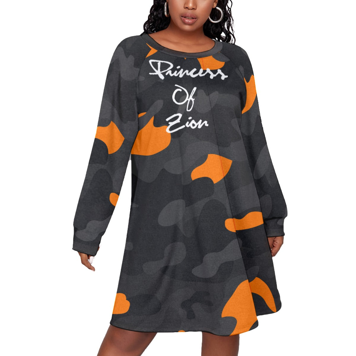 Orange Camo All-Over Print Women's Dress With Raglan Sleeve(Plus Size)