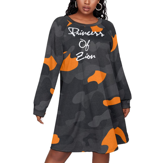 Orange Camo All-Over Print Women's Dress With Raglan Sleeve(Plus Size)