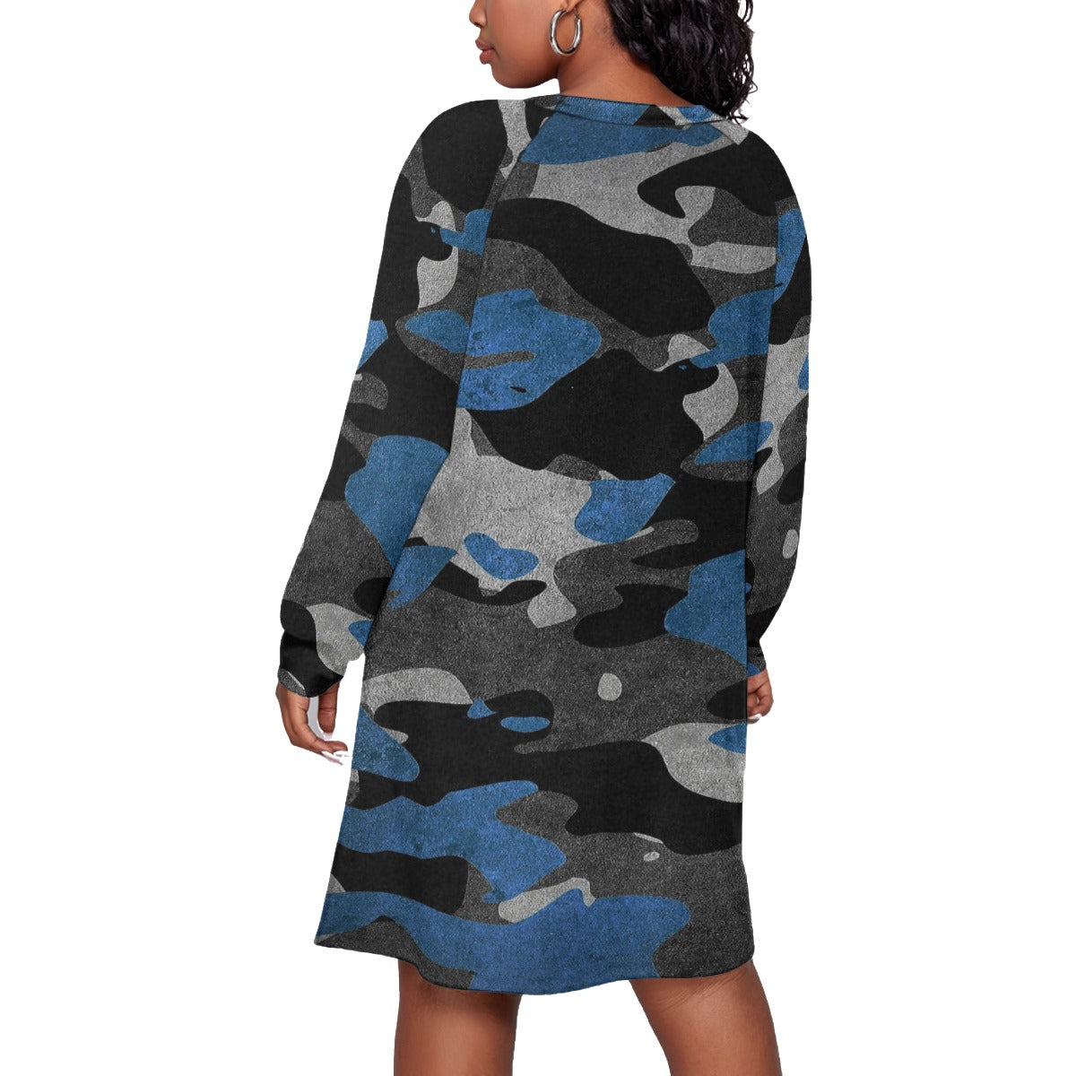 Blue Camo All-Over Print Women's Dress With Raglan Sleeve(Plus Size)
