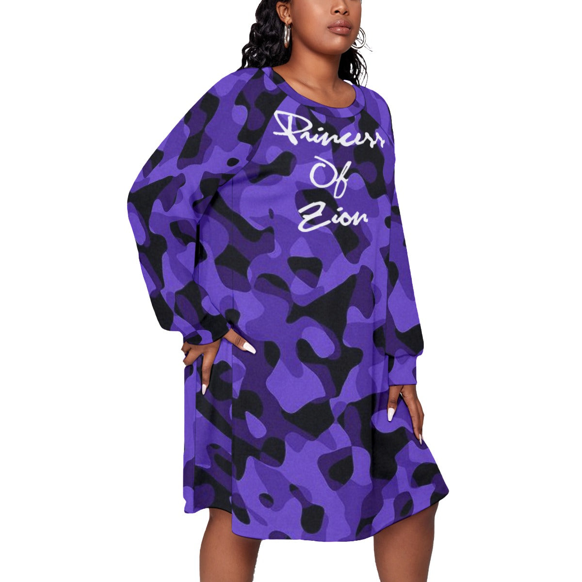acamo purple All-Over Print Women's Dress With Raglan Sleeve(Plus Size)