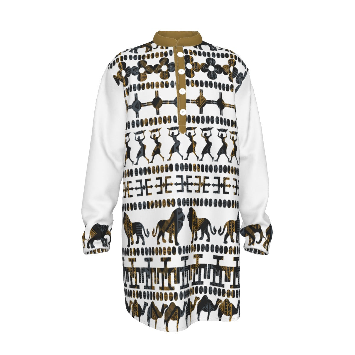 Hebrew Israelite Men's Tribal Animal Black Gold All-Over Print Men's Stand-up Collar Long Shirt