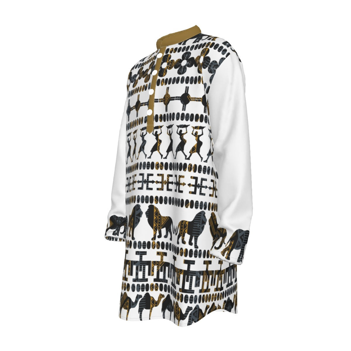 Hebrew Israelite Men's Tribal Animal Black Gold All-Over Print Men's Stand-up Collar Long Shirt