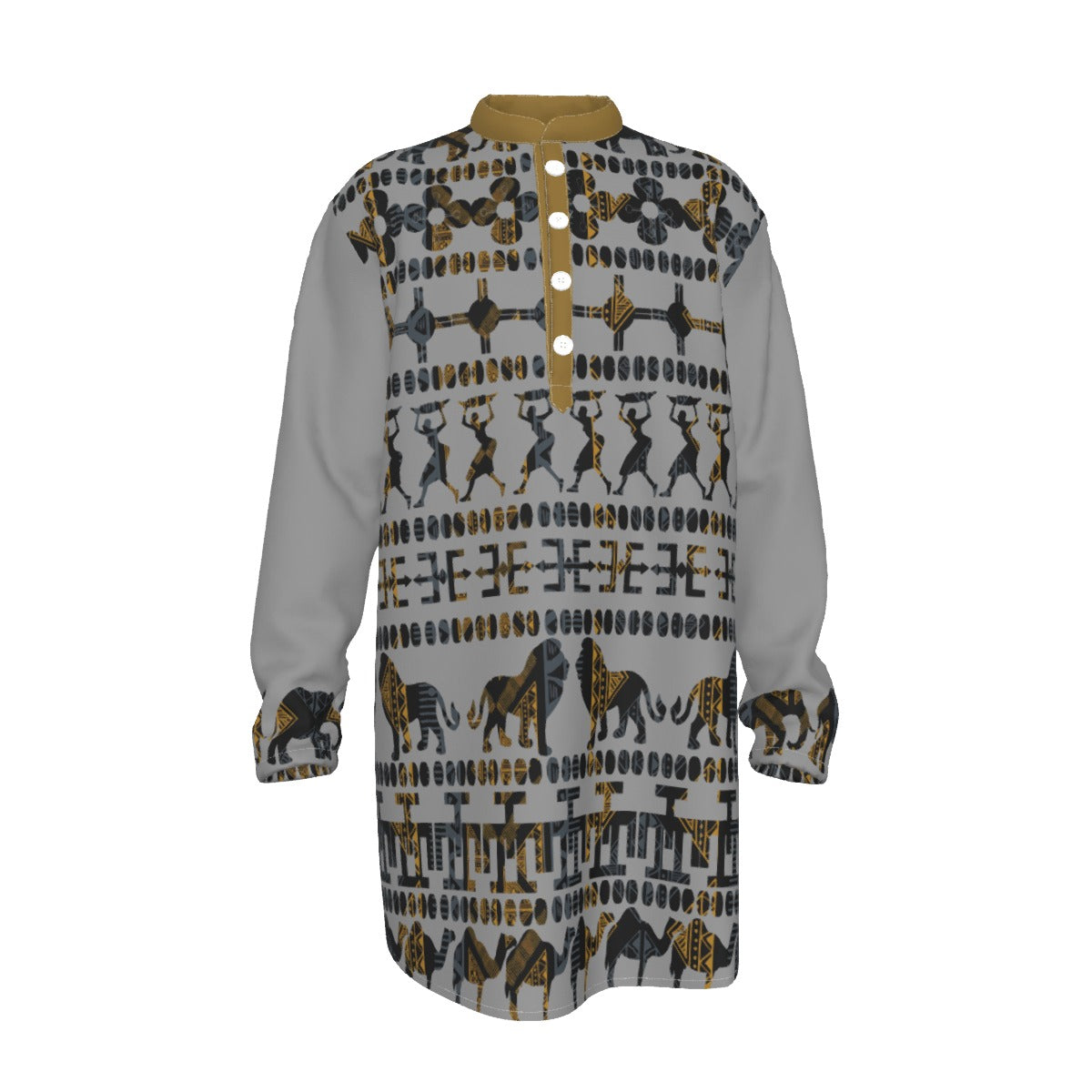 Hebrew Israelite Men's Tribal Animal Black Gold All-Over Print Men's Stand-up Collar Long Shirt