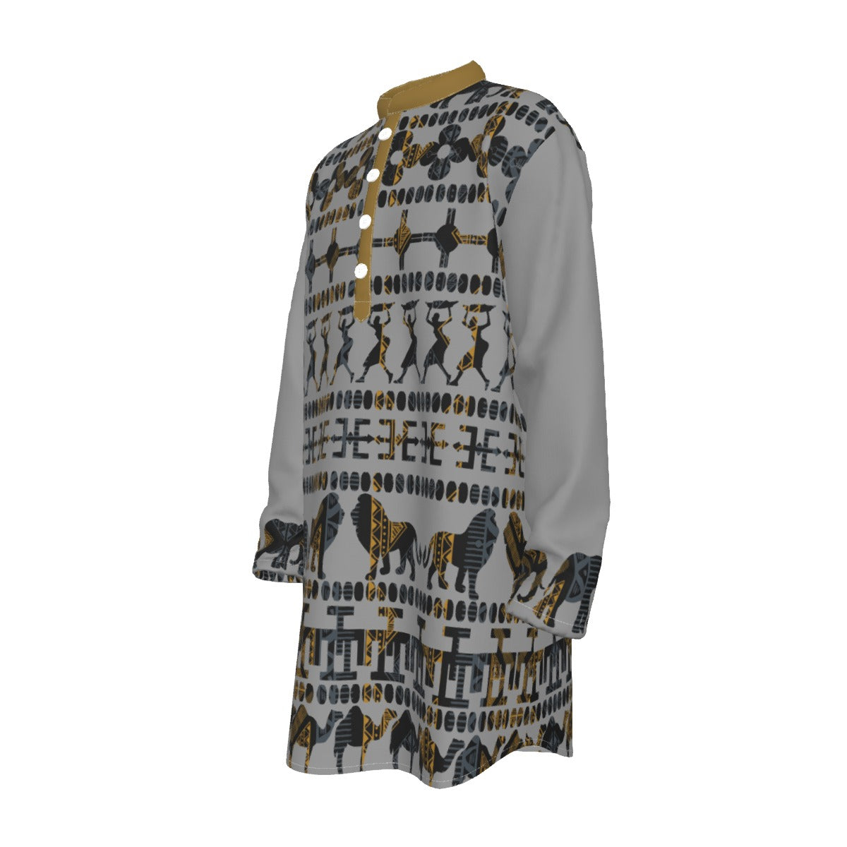 Hebrew Israelite Men's Tribal Animal Black Gold All-Over Print Men's Stand-up Collar Long Shirt