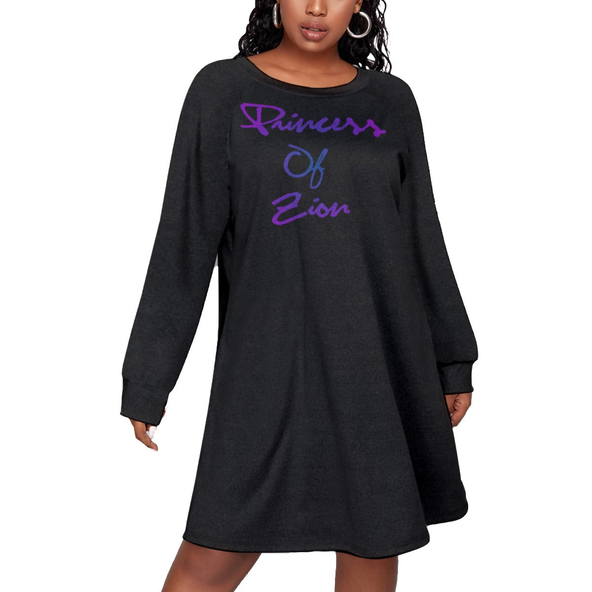 Black All-Over Print Women's Dress With Raglan Sleeve(Plus Size)
