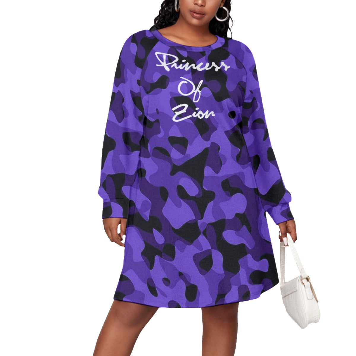 acamo purple All-Over Print Women's Dress With Raglan Sleeve(Plus Size)