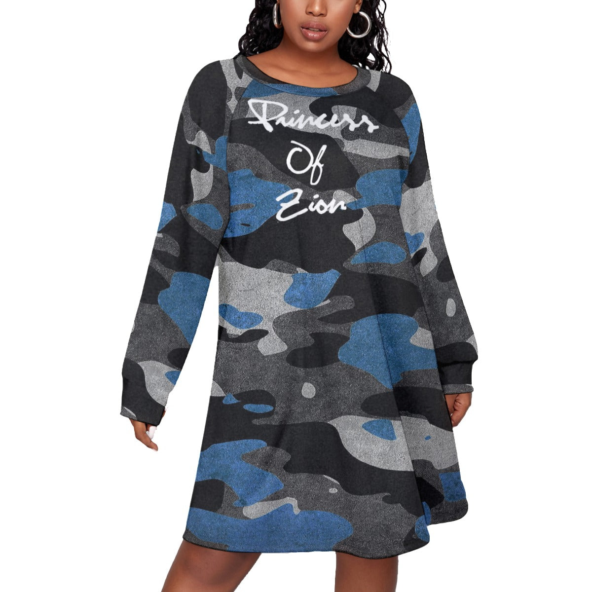 Blue Camo All-Over Print Women's Dress With Raglan Sleeve(Plus Size)