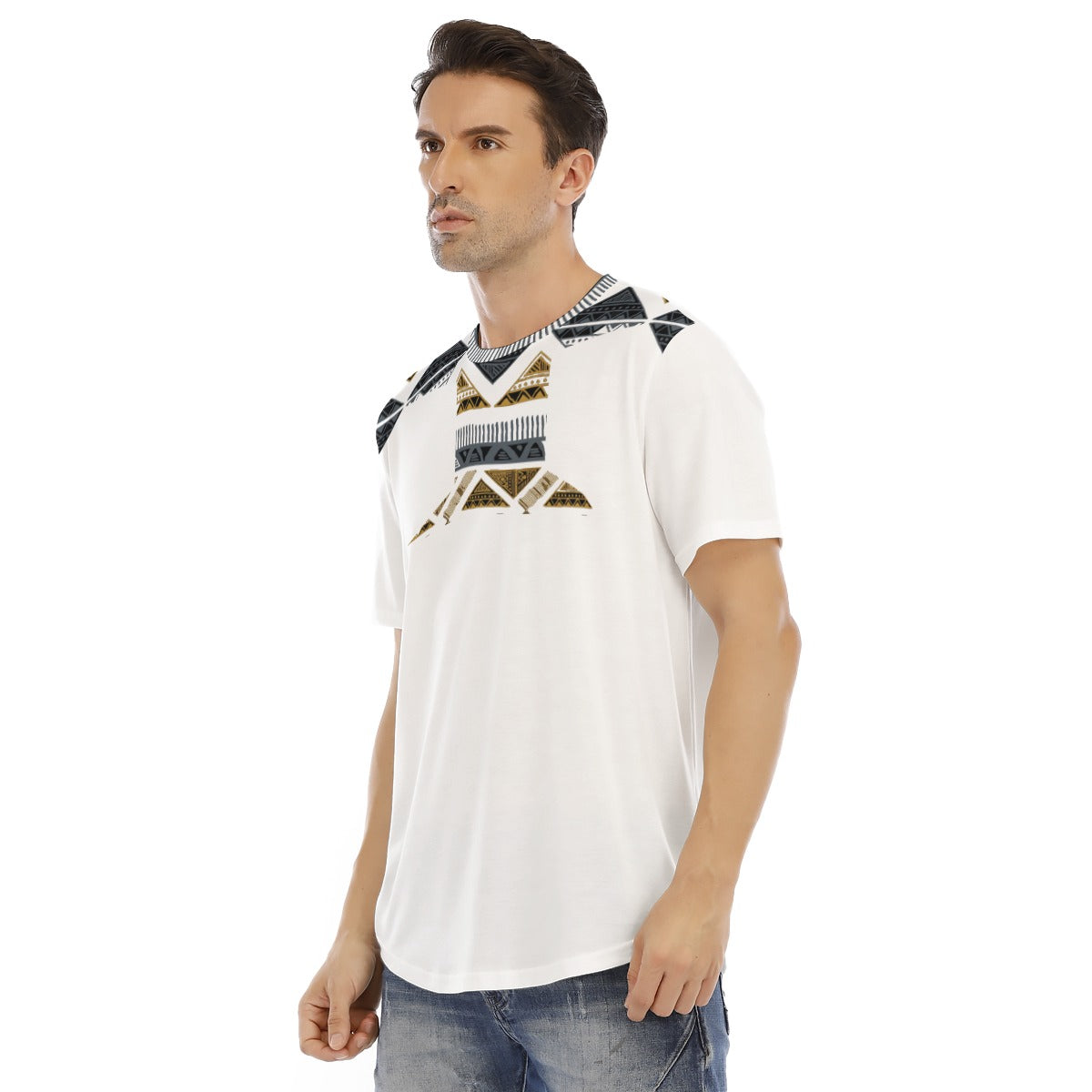 Black Gold White Tribal All-Over Print Men's Short Sleeve Rounded Hem T-shirt