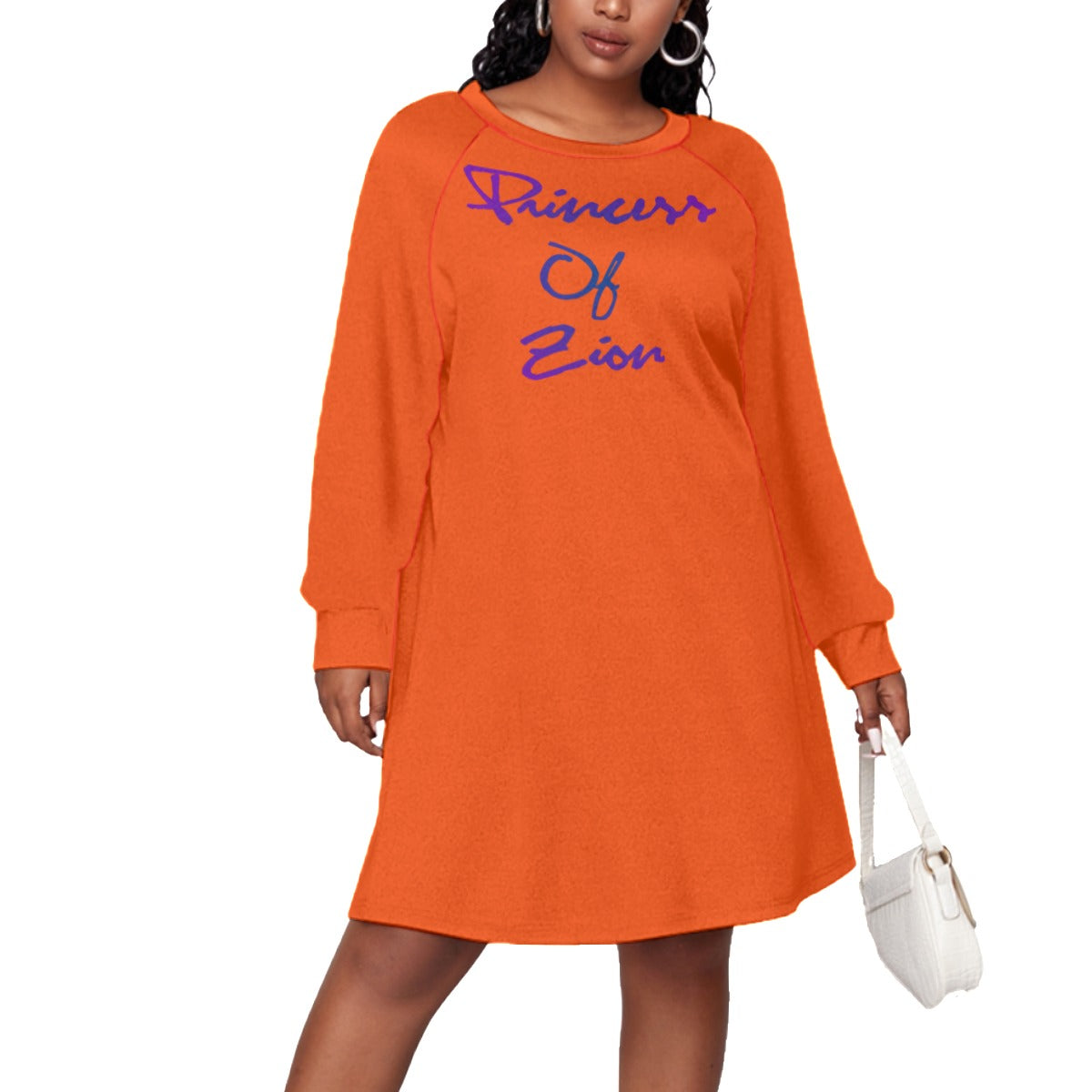 Orange All-Over Print Women's Dress With Raglan Sleeve(Plus Size)