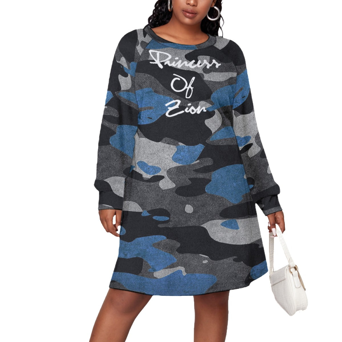 Blue Camo All-Over Print Women's Dress With Raglan Sleeve(Plus Size)