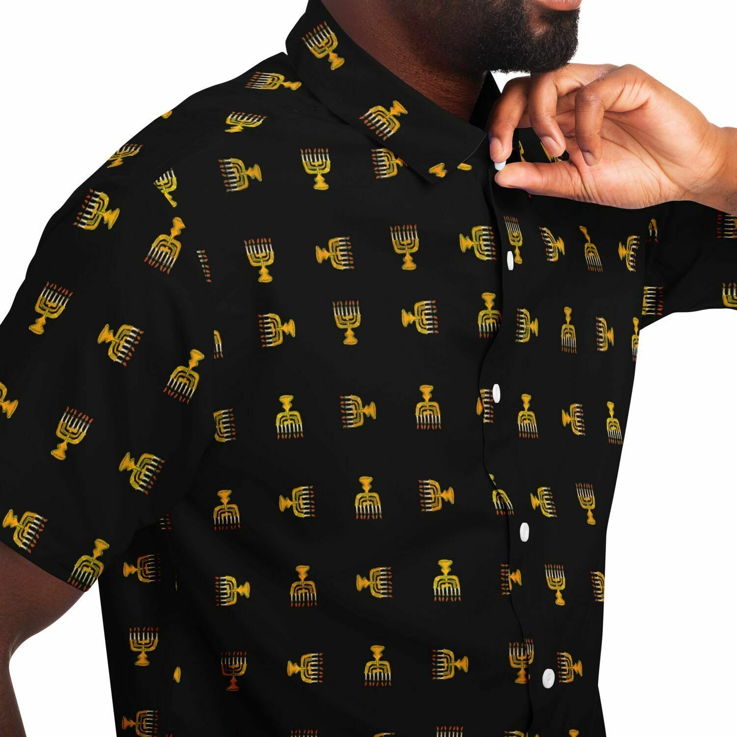 Hebrew Israelite Menorah Pattern Short Sleeve Poplin Polo Black
