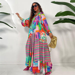 Retro French court style pleated print long-sleeved loose dress