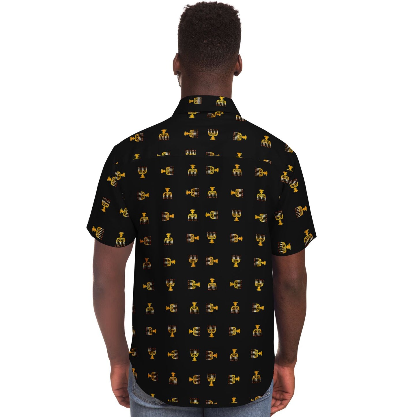 Hebrew Israelite Menorah Pattern Short Sleeve Poplin Polo Black