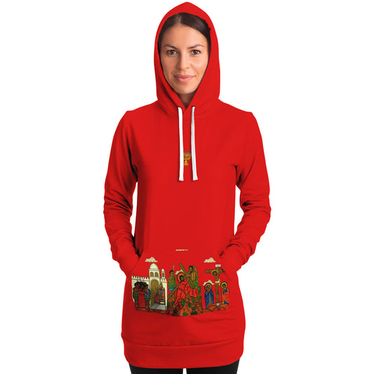 Womens Red Fashion Longline Hoodie - AOP