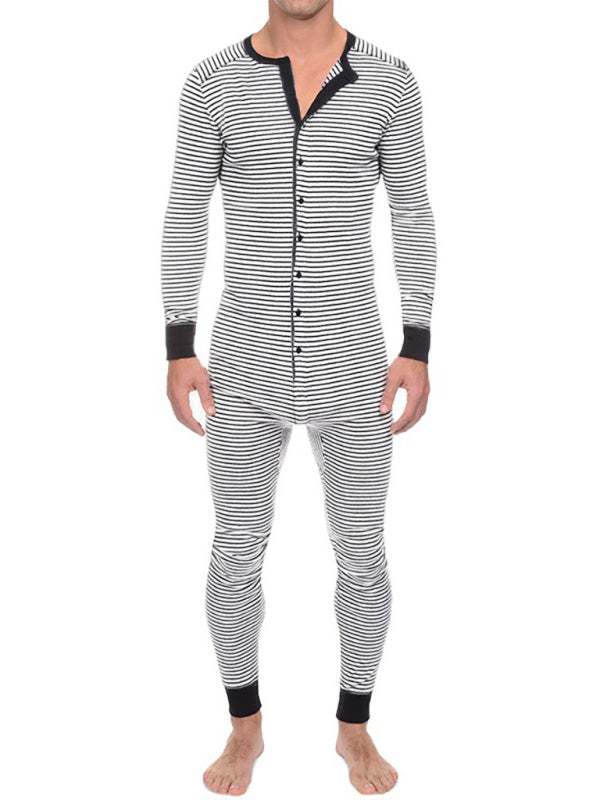 Men's Slim Striped Print Crew Neck Button Long Sleeve Trousers One Piece Pajama