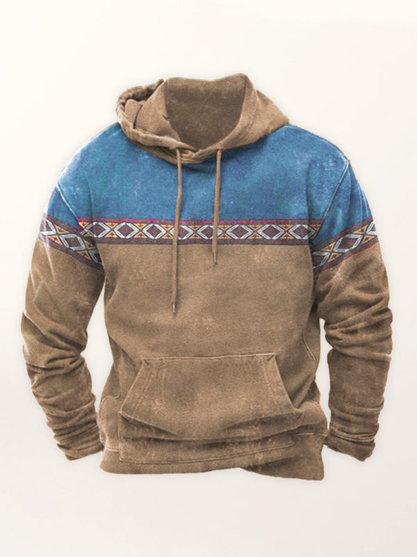 Men’s Bold Patterns Long Sleeve Drawstring Hood Kangaroo Pocket At Front Hooded Sweater Top