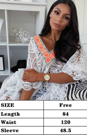 Loose fit White Contrast V Neckline Crochet Beach Cover up