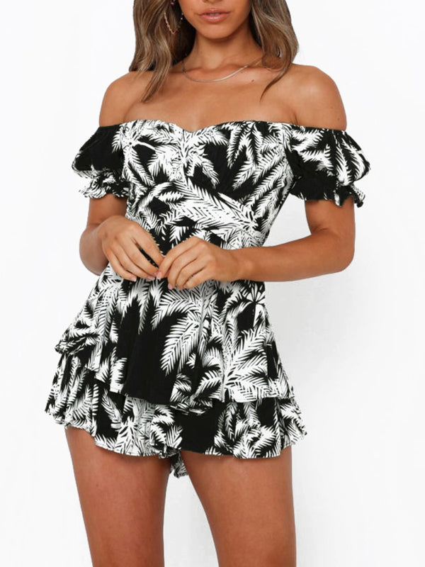 Women's Floral Print Sweetheart Off The Shoulder Puff Sleeves Romper