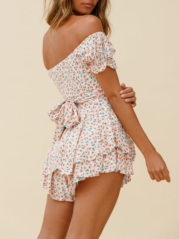 Women's Floral Print Sweetheart Off The Shoulder Puff Sleeves Romper