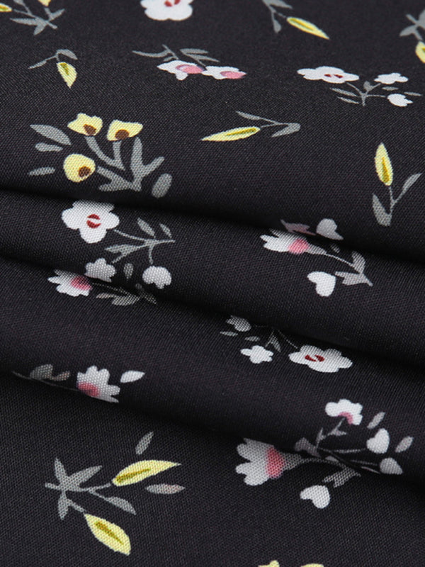 Women's Square Neck Short Sleeve Slit Black Floral Dress
