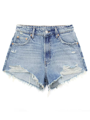 Retro old-fashioned high-waisted ripped fur-trimmed shorts
